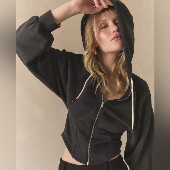Chaser Tops - Chaser Cotton Black Zip-Up Corset Hoodie with Drawstring XS